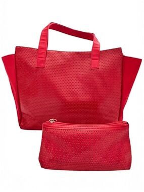 Large Red Tote Bag Set Vinyl Nylon Shoulder Bag w/ Matching Clutch